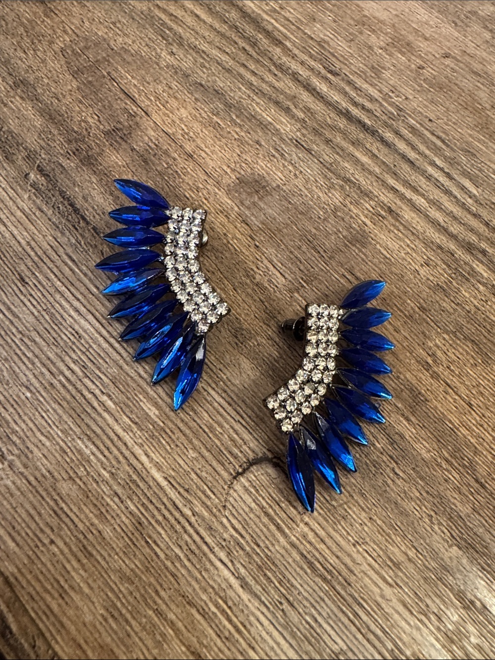 Royal Blue Crystal Wing Ear Climbers - Women's Rhinestone Earrings